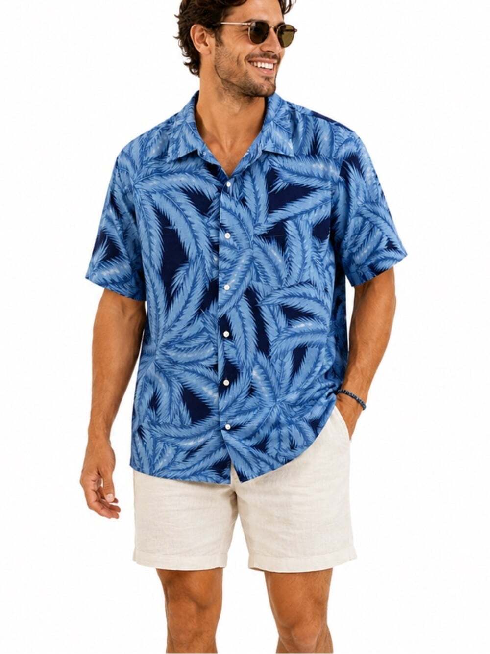 Arnold Palmer Blue Leaf Print Resort Button Up Shirt Short Sleeve Mens Large